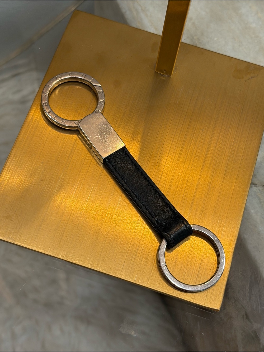 Bulgari Black Leather Key Link with Silver Hardware